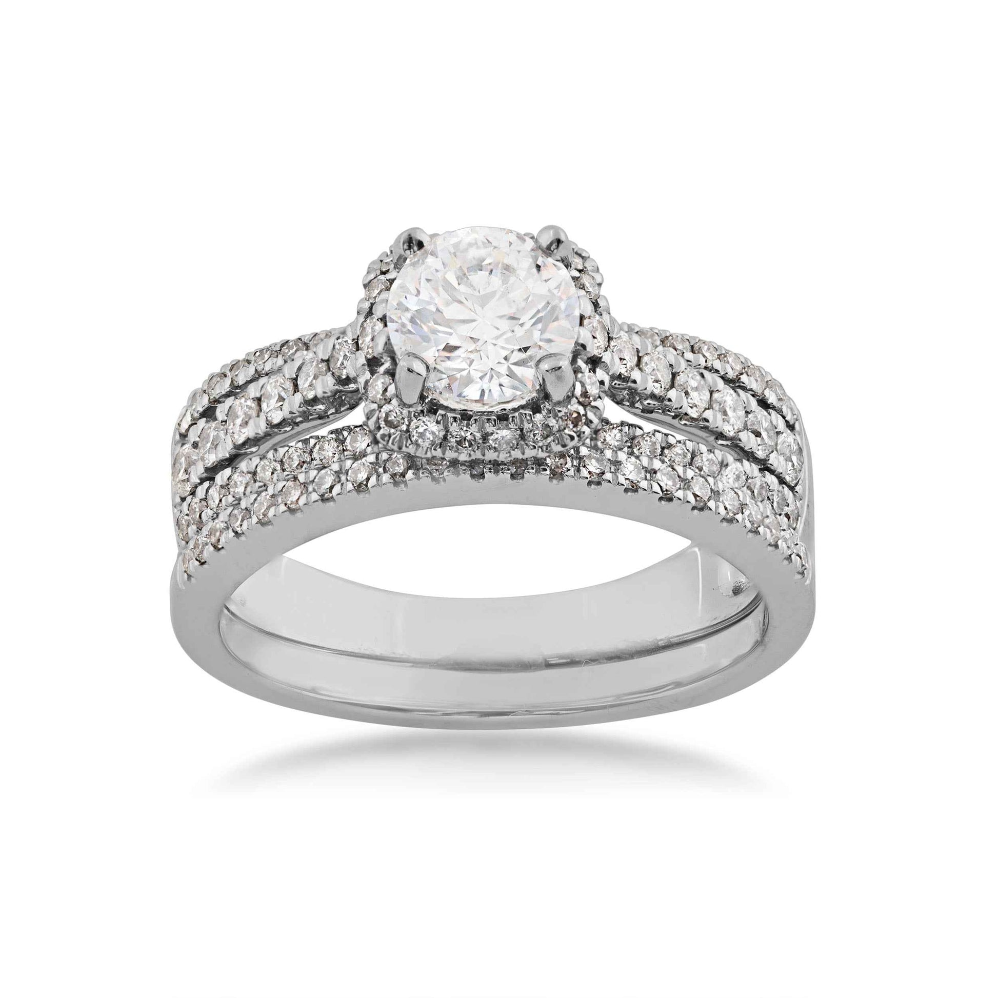 Noventa 1-3/8 ct. tw. Round Brilliant Wedding Set with Pave Halo & Band in 14K White Gold
