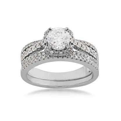Noventa 1-3/8 ct. tw. Round Brilliant Wedding Set with Pave Halo & Band in 14K White Gold