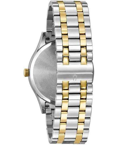 Bulova Diamond Collection Men's 8 Diamond Watch with Blue Dial in Two-Tone Stainless Steel close-up detail