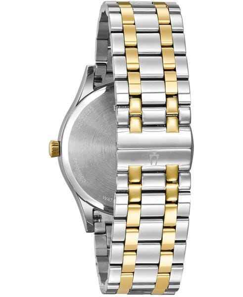 Bulova Diamond Collection Men's 8 Diamond Watch with Blue Dial in Two-Tone Stainless Steel close-up detail
