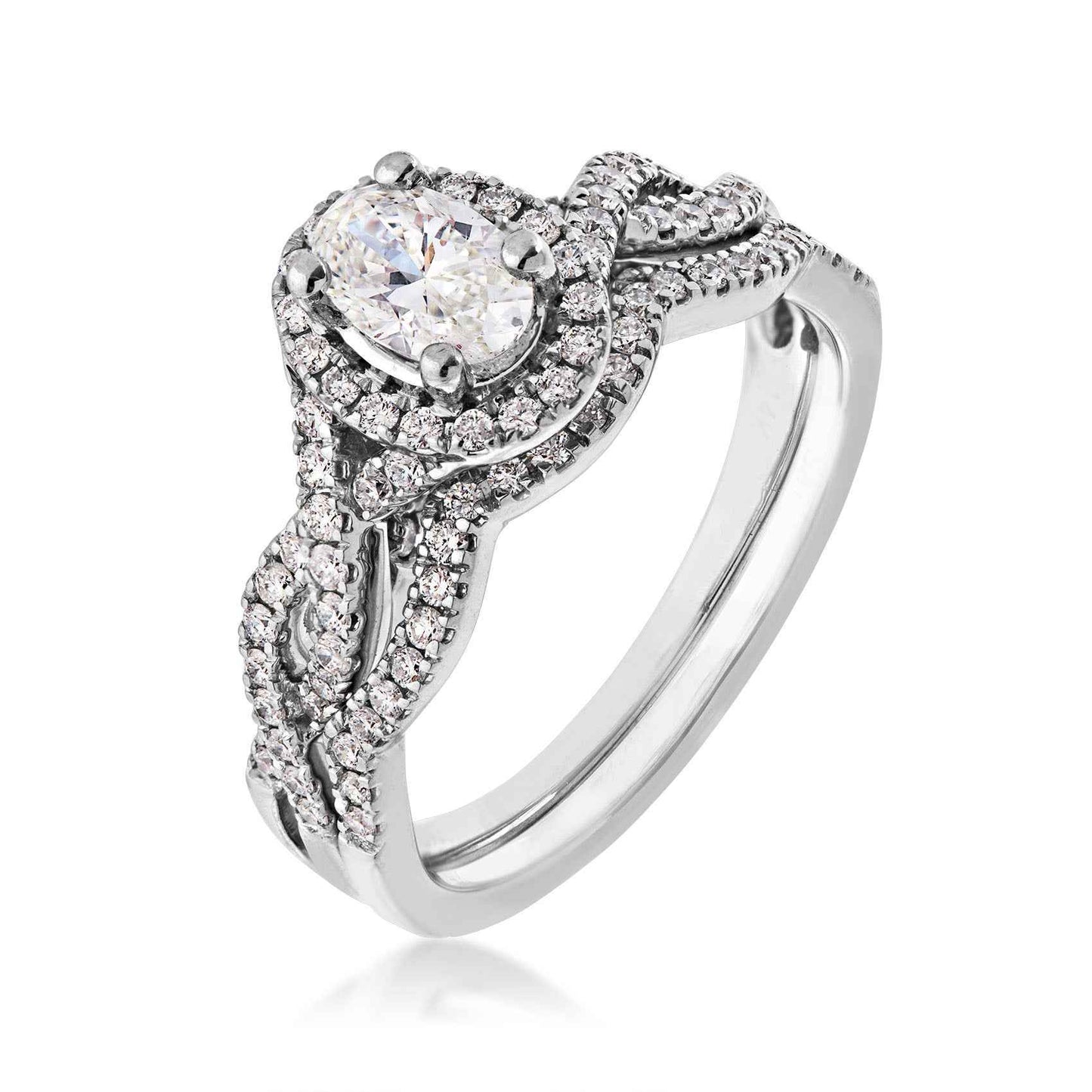 Natural 1 ct. tw. Oval Diamond Halo Twist Wedding Set in 14K White Gold front view