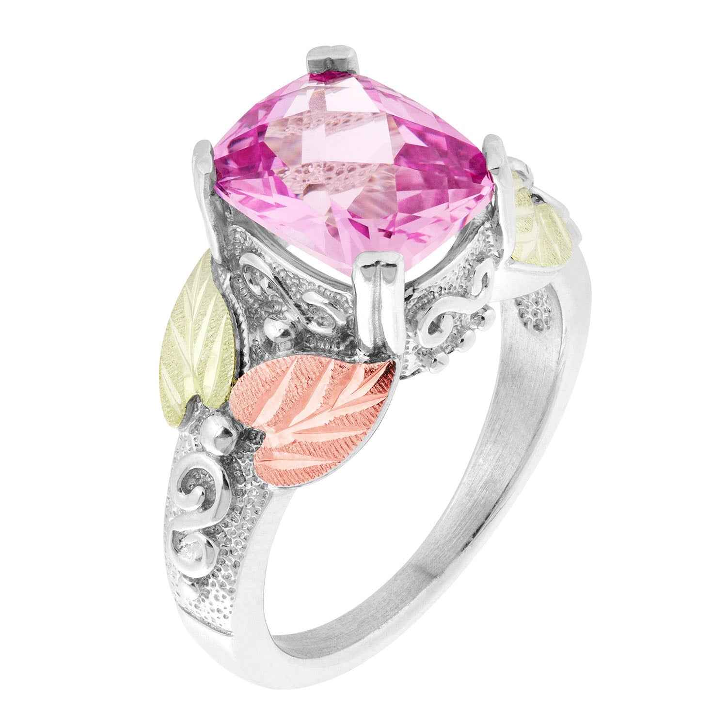 Black Hills Gold Ladies' Created Cushion Cut Pink Sapphire Ring in Sterling Silver front view
