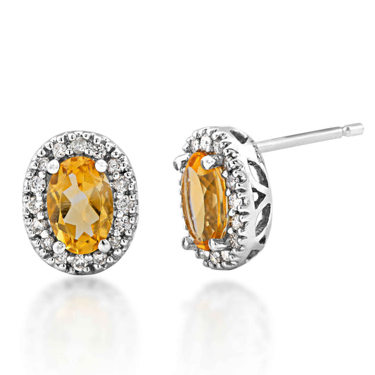 Genuine Oval Orange Citrine Earrings with 1/6 ct. tw. Diamond Halos in 10K White Gold