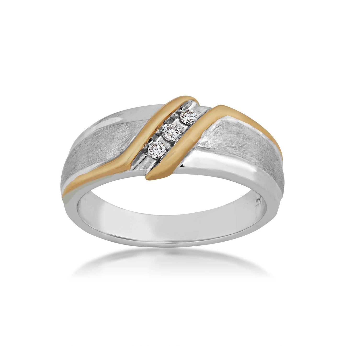 1/10 ct. tw. Men's Round 3-Stone Diamond Wedding Band with Brushed Center in 10K White & Yellow Gold