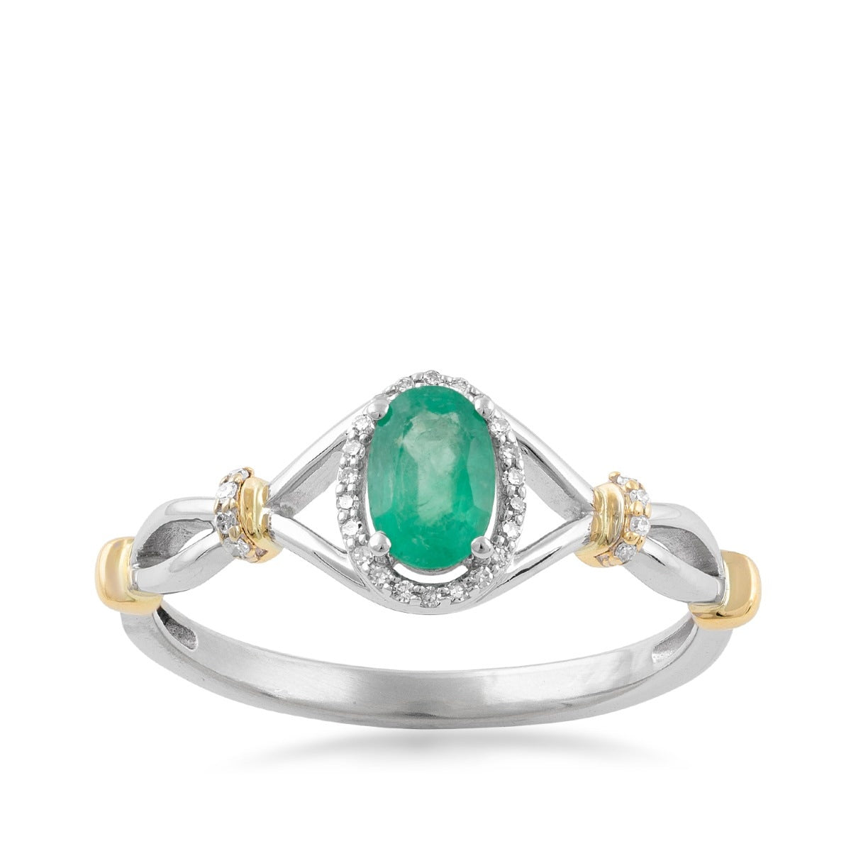 Oval Emerald & 1/10 ct. tw. Diamond Halo Ring in 10K White & Yellow Gold