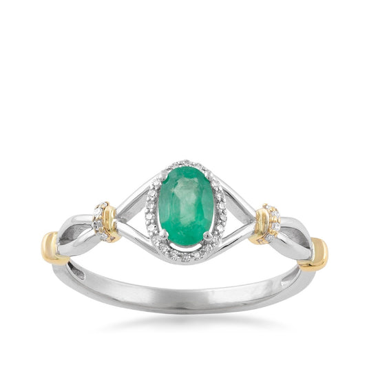 Oval Emerald & 1/10 ct. tw. Diamond Halo Ring in 10K White & Yellow Gold