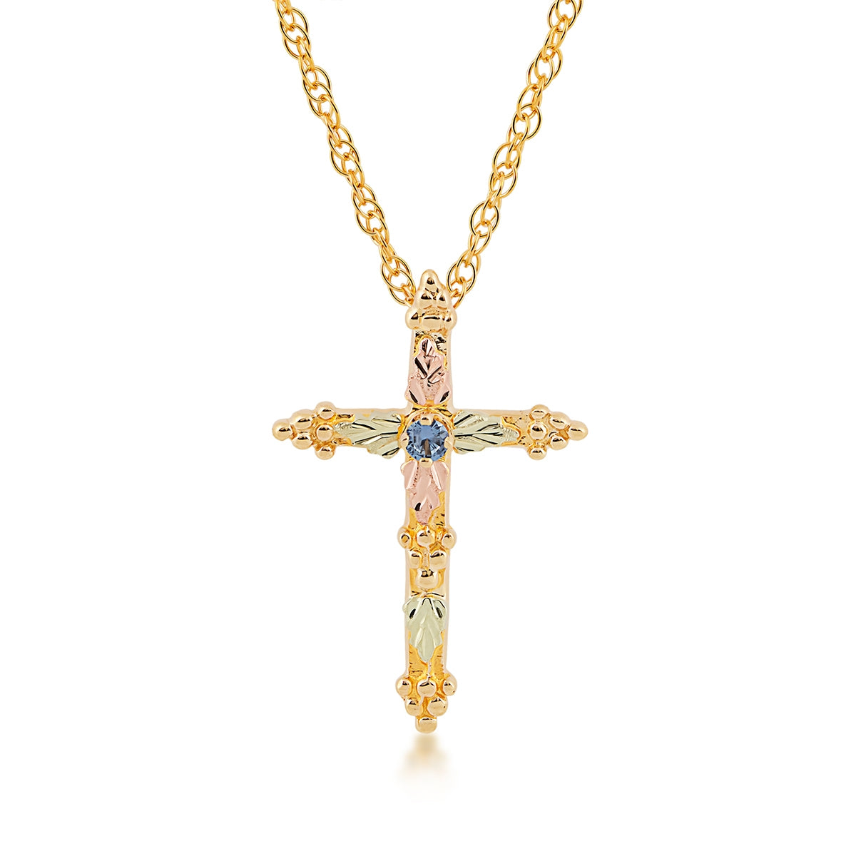Black Hills Gold Round Yogo Sapphire & Grape Cluster Cross Pendant in 10K Yellow Gold