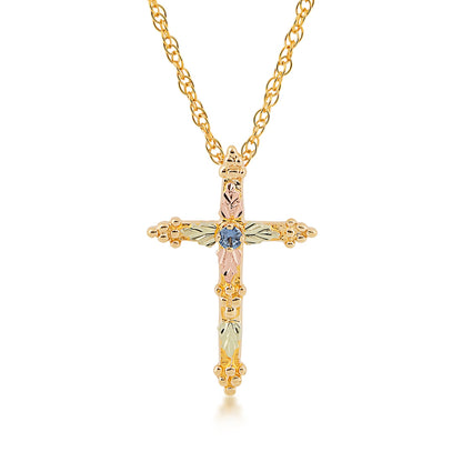 Black Hills Gold Round Yogo Sapphire & Grape Cluster Cross Pendant in 10K Yellow Gold