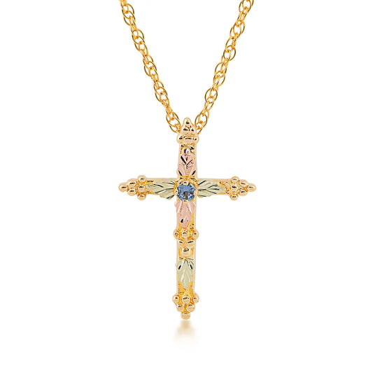 Black Hills Gold Round Yogo Sapphire & Grape Cluster Cross Pendant in 10K Yellow Gold