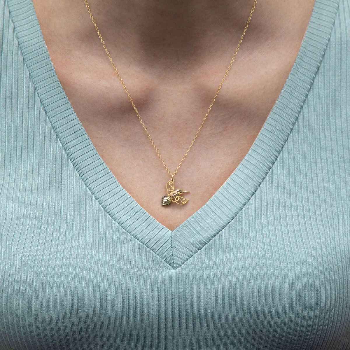 Black Hills Gold Milgrain Hummingbird Pendant in 10K Yellow Gold front view