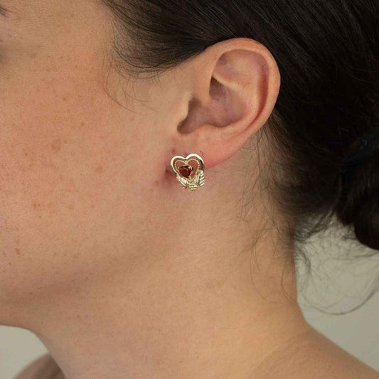 Black Hills Gold Garnet Milgrain Double Heart Earrings in 10K Yellow Gold front view