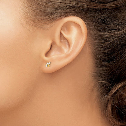 Children's Enamel Bee Earrings in 14K Yellow Gold close-up detail