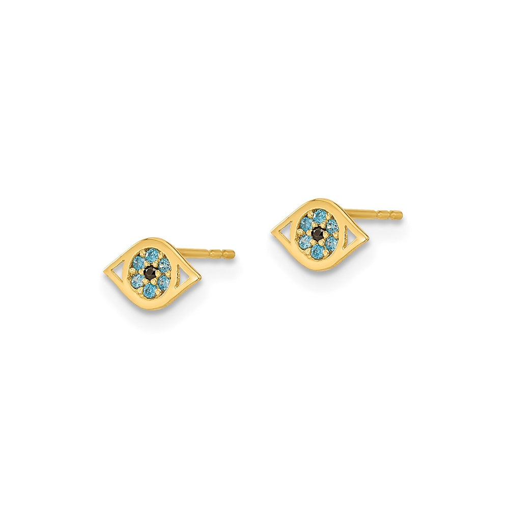 Children's Blue CZ Eye of Protection Earrings in 14K Yellow Gold front view
