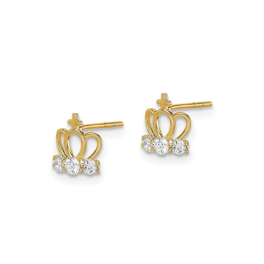 Children's CZ Crown Earrings in 14K Yellow Gold front view