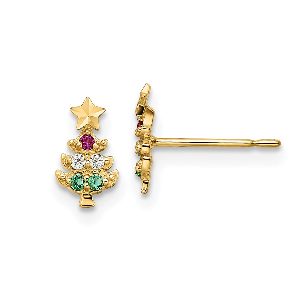 Children's Multicolor CZ & Green Glass Christmas Tree Earrings in 14K Yellow Gold
