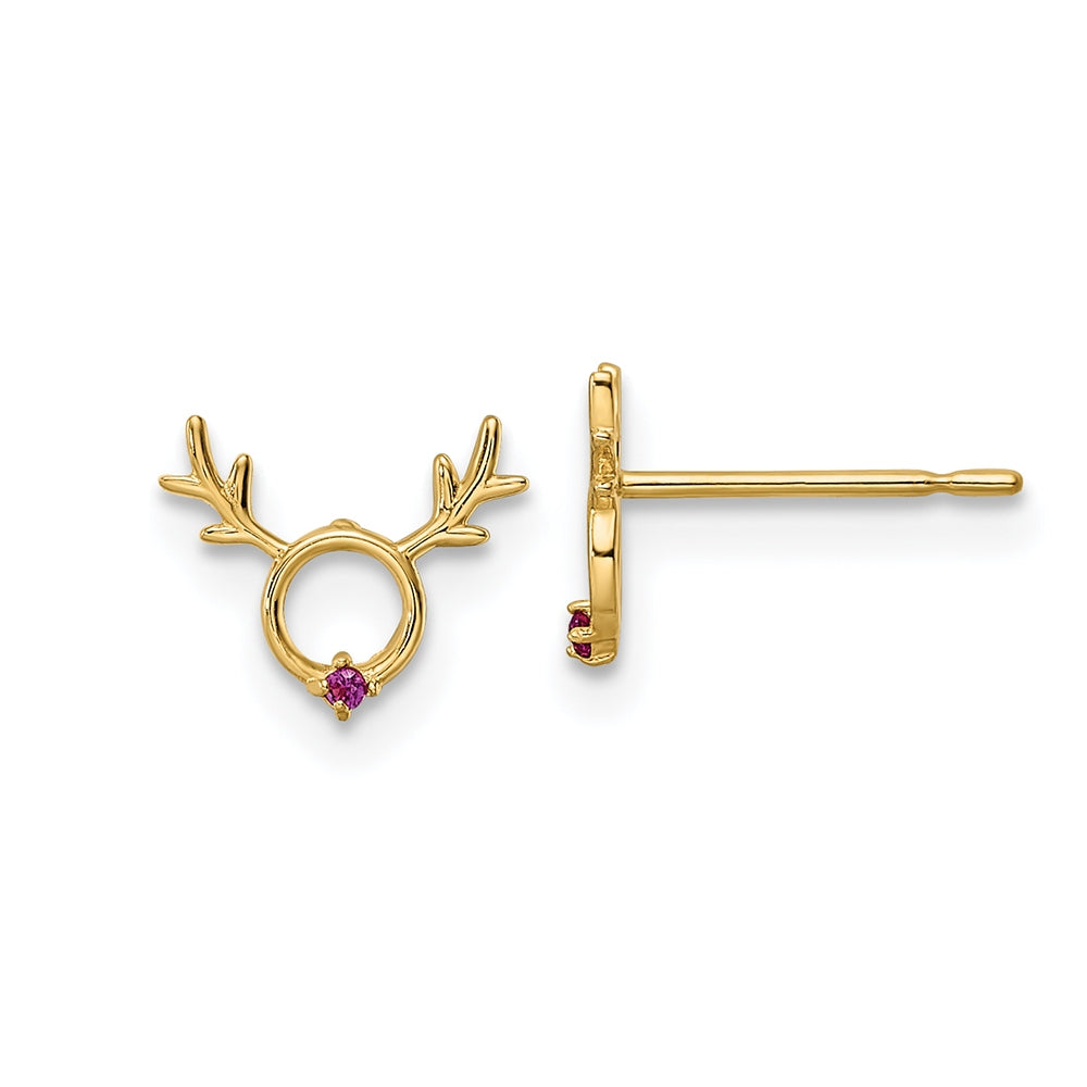 Children's Red CZ Reindeer Earrings in 14K Yellow Gold