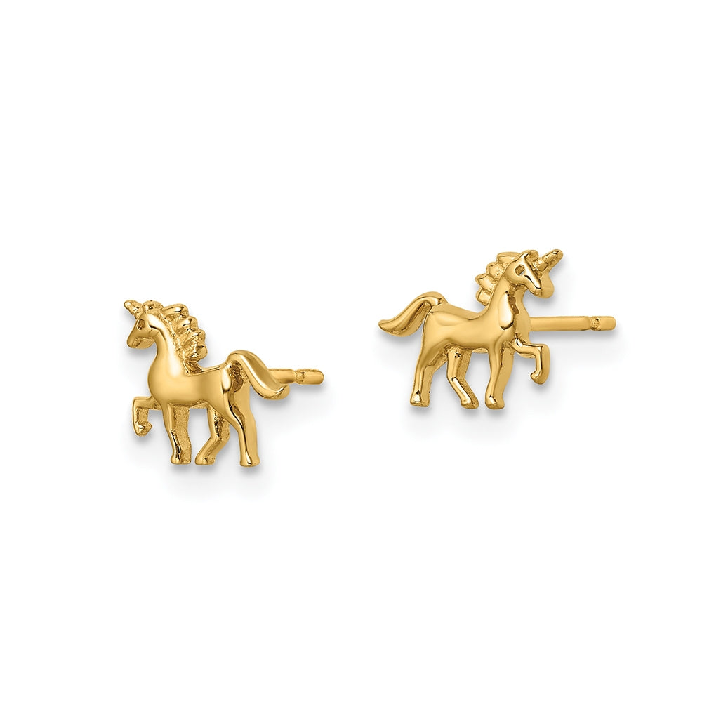 Children's Unicorn Stud Earrings in 14K Yellow Gold front view