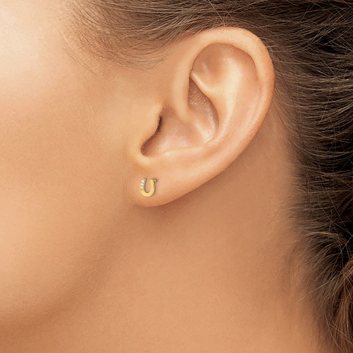 Children's CZ Horseshoe Earrings in 14K Yellow Gold close-up detail