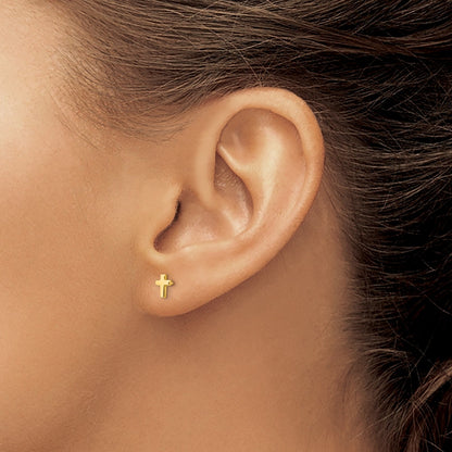 Children's Cross Stud Earrings in 14K Yellow Gold close-up detail