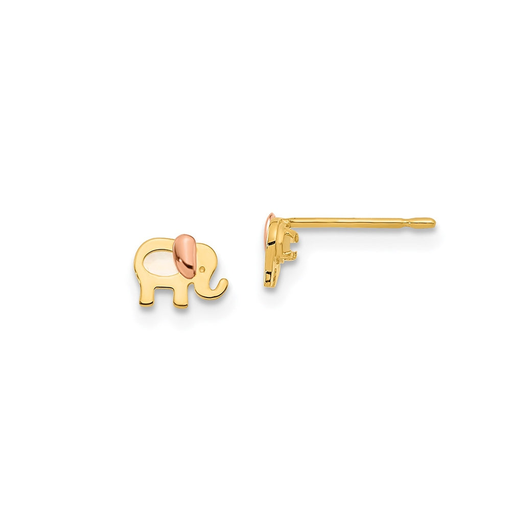 Children's Mother of Pearl Polished Elephant Earrings in 14K Yellow & Pink Gold
