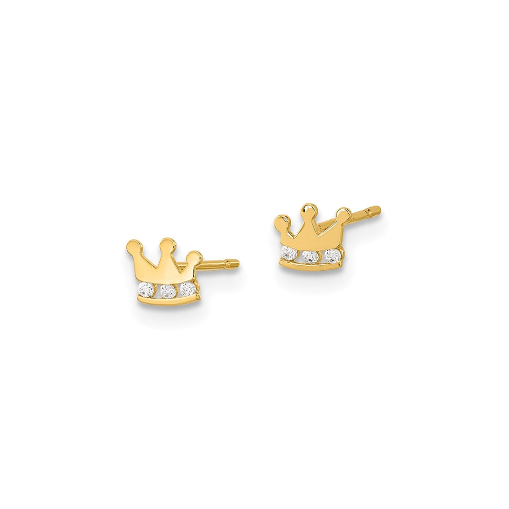 Children's CZ Polished Crown Earrings in 14K Yellow Gold front view