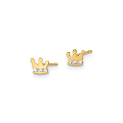 Children's CZ Polished Crown Earrings in 14K Yellow Gold front view