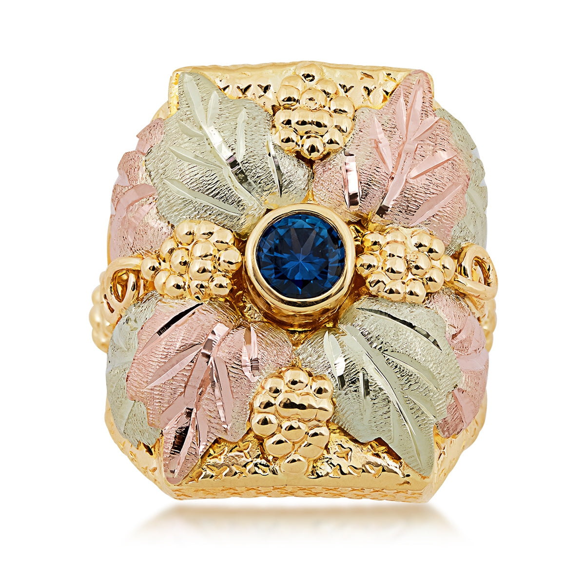 Black Hills Gold Men's Round Yogo Sapphire Bezel Set Grape Cluster & Leaf Ring in 10K Yellow Gold