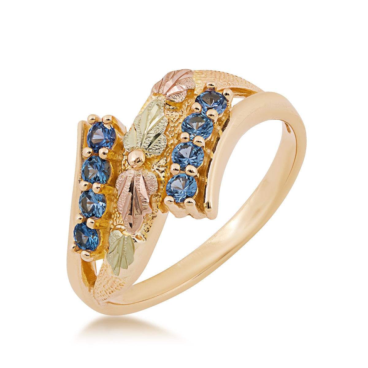Black Hills Gold Round Yogo Sapphire Bypass Ring in 10K Yellow Gold front view