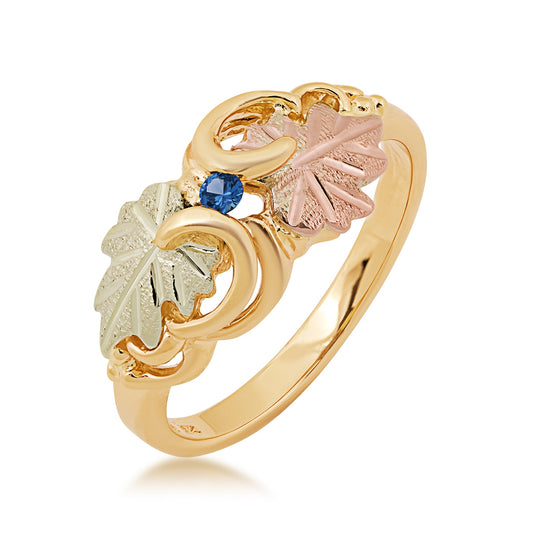 Black Hills Gold Round Yogo Sapphire Vine & Leaf Ring in 10K Yellow Gold front view