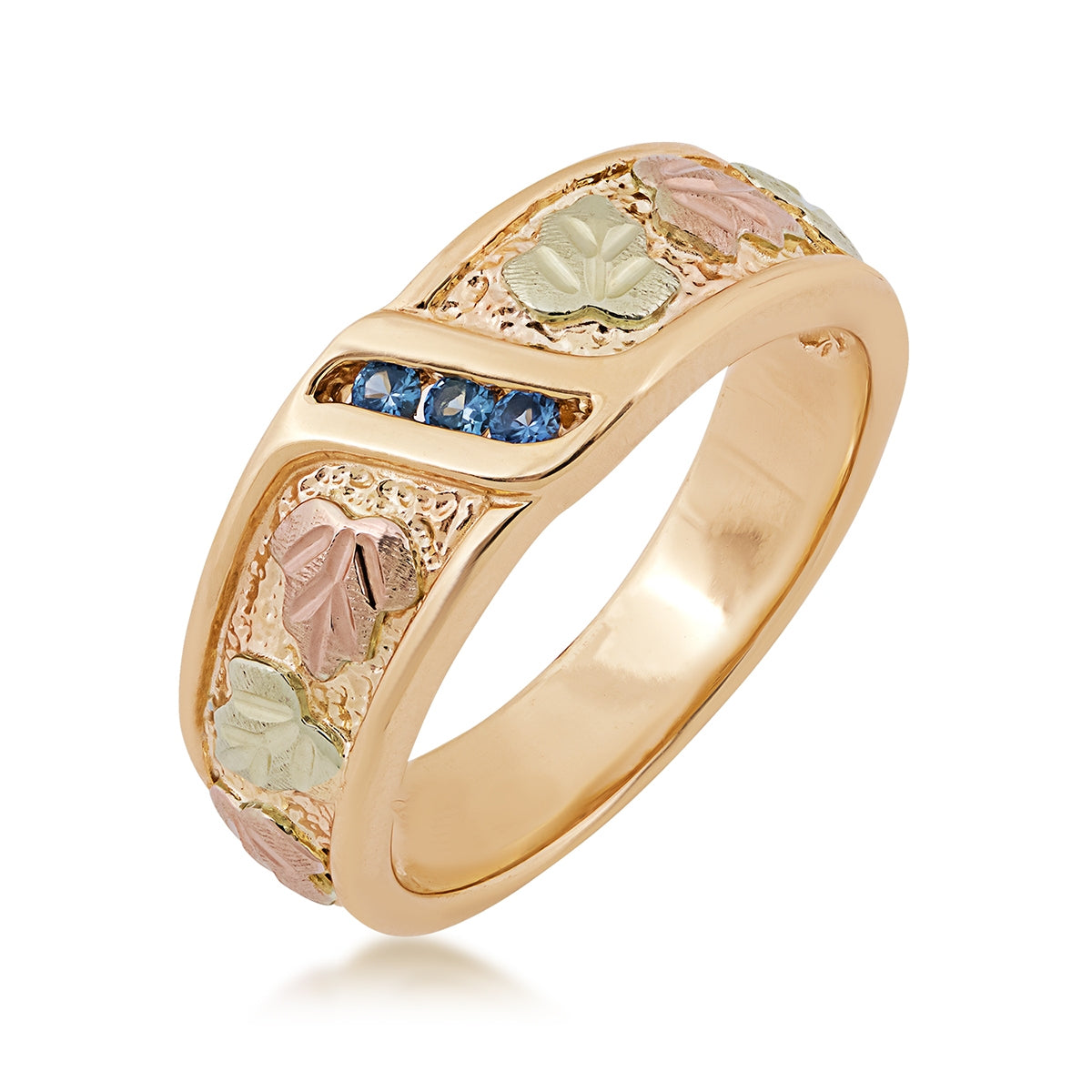 Black Hills Gold Round 3-Stone Yogo Sapphire Channel Set Wedding Ring in 10K Yellow Gold front view