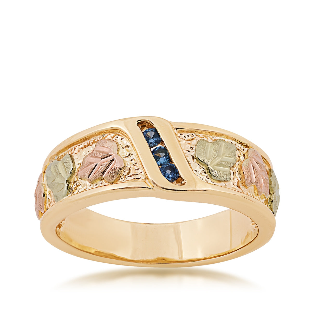 Black Hills Gold Round 3-Stone Yogo Sapphire Channel Set Wedding Ring in 10K Yellow Gold