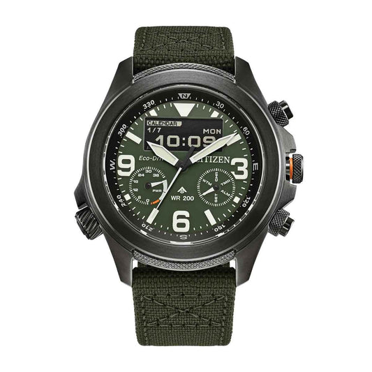 Citizen Men's Promaster Land Eco-Drive Gray Stainless Steel Watch with Green Dial & Cordura Strap