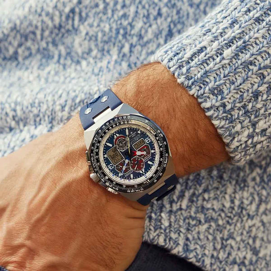 Citizen Men's Promaster Sikorsky Eco-Drive Stainless Steel Watch with Blue Dial & Rubber Strap close-up detail