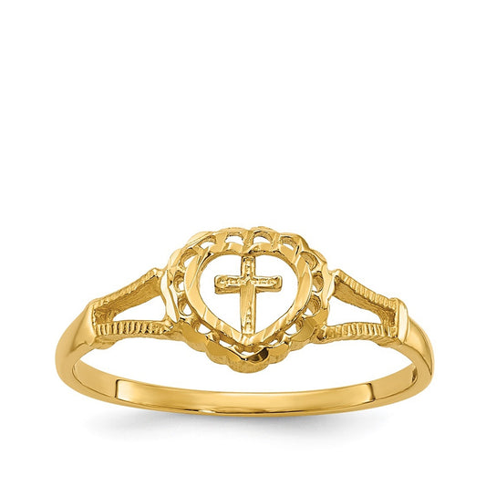 Children's Diamond Cut Heart & Cross Ring in 14K Yellow Gold