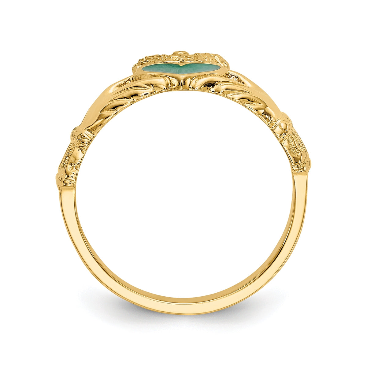 Green Enamel Claddagh Ring in 14K Yellow Gold front view