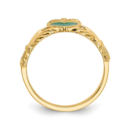 Green Enamel Claddagh Ring in 14K Yellow Gold front view
