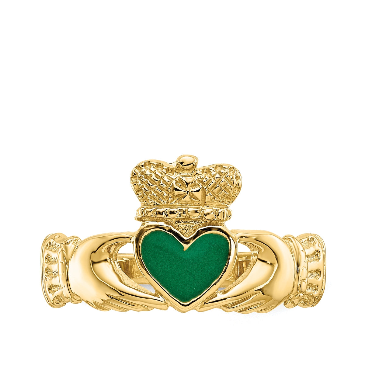 Green Enamel Claddagh Ring in 14K Yellow Gold close-up detail