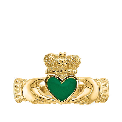 Green Enamel Claddagh Ring in 14K Yellow Gold close-up detail