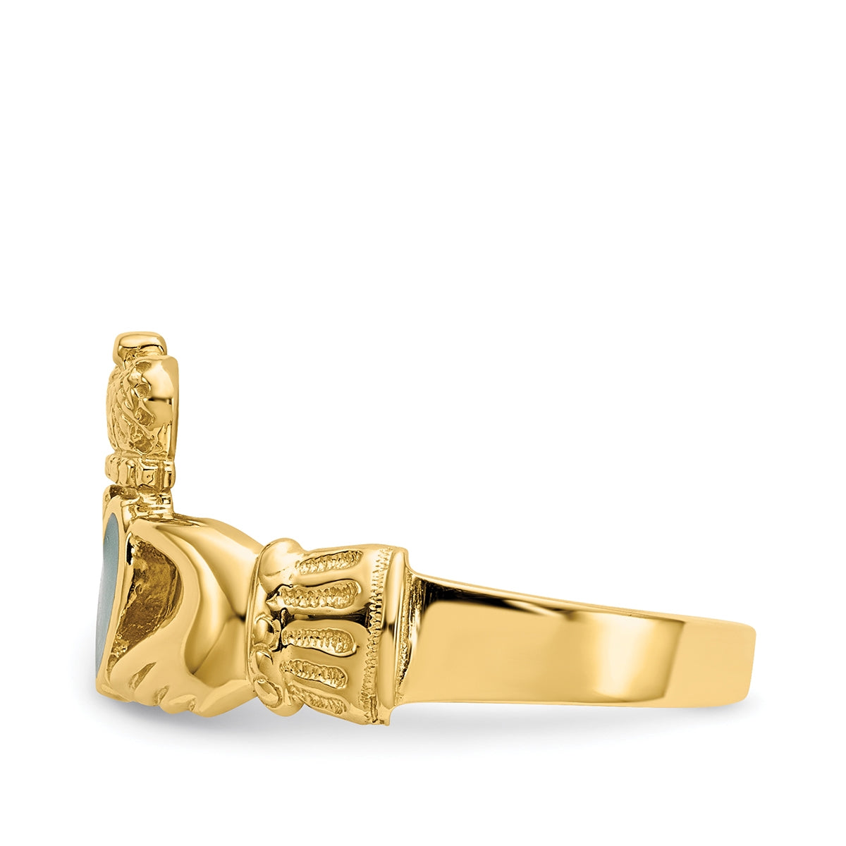 Green Enamel Claddagh Ring in 14K Yellow Gold side profile