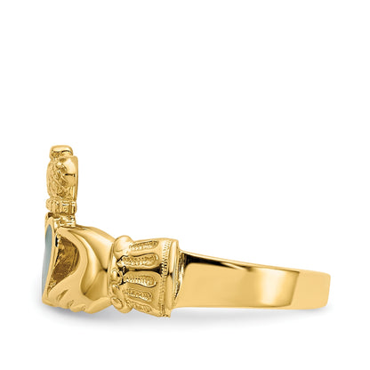 Green Enamel Claddagh Ring in 14K Yellow Gold side profile