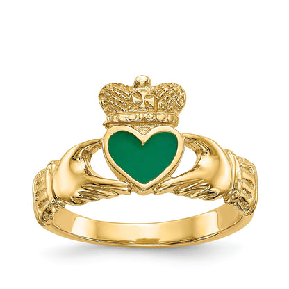 Green Enamel Claddagh Ring in 14K Yellow Gold