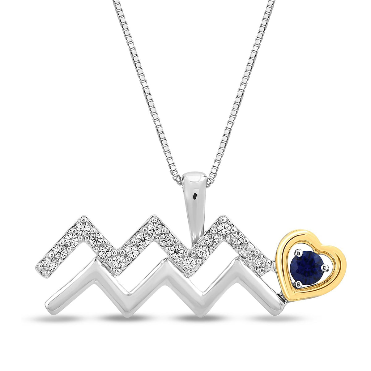 Created Blue & White Sapphire Aquarius Zodiac Pendant in Sterling Silver & 10K Yellow Gold Plating