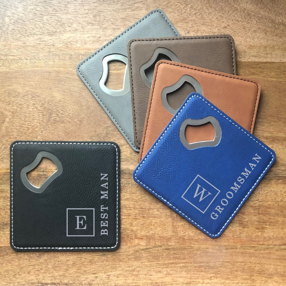 Personalized Groomsmen Leatherette Coaster Bottle Opener