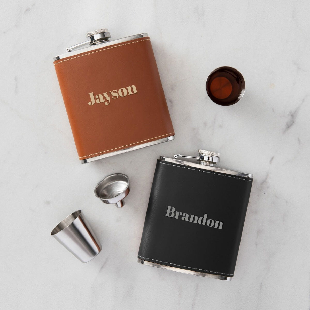 Personalized Leather and Stainless Steel Flask Set