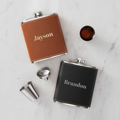 Personalized Leather and Stainless Steel Flask Set