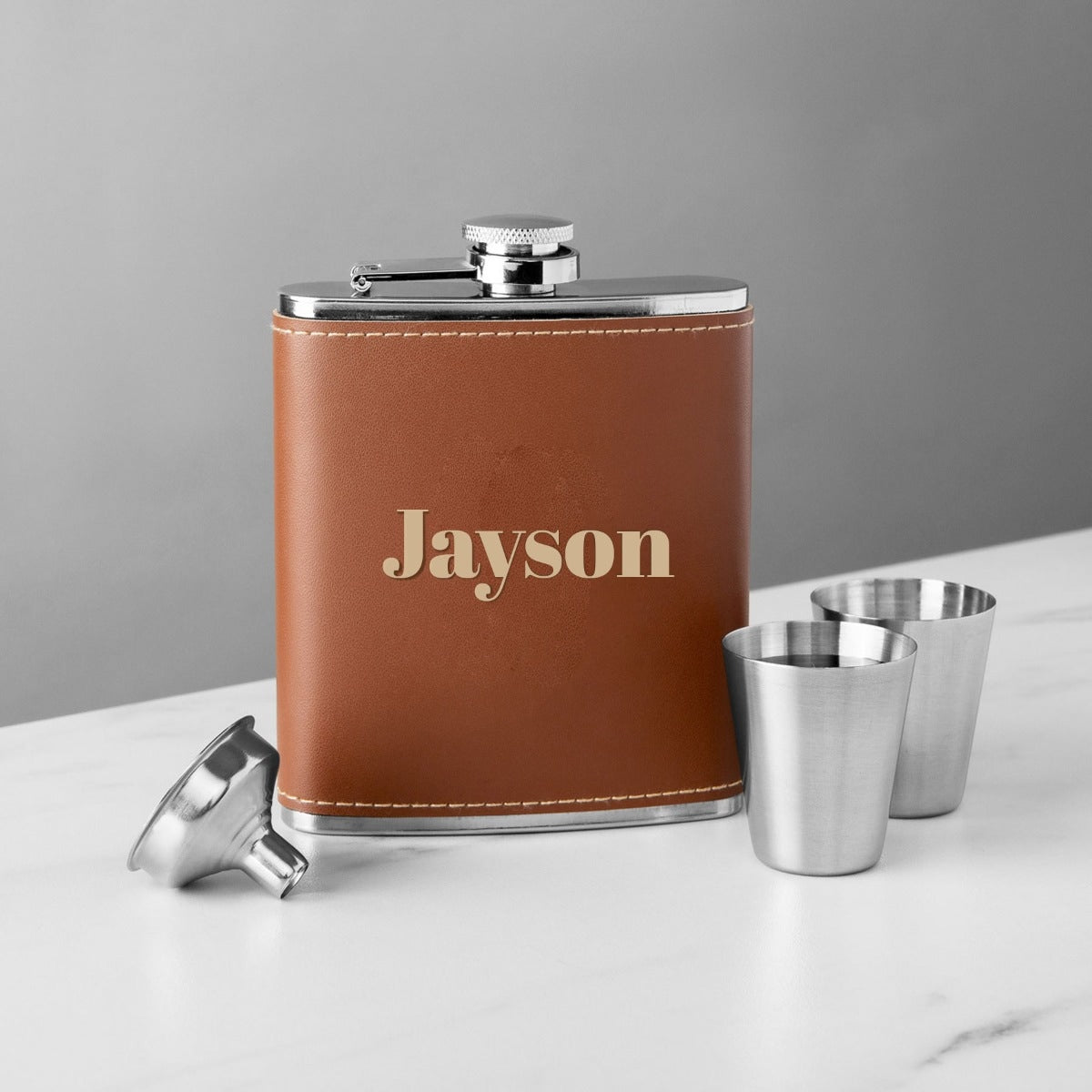 Personalized Leather and Stainless Steel Flask Set front view