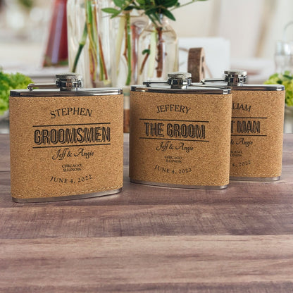Personalized Groomsmen Cork Flask - Name & Date front view