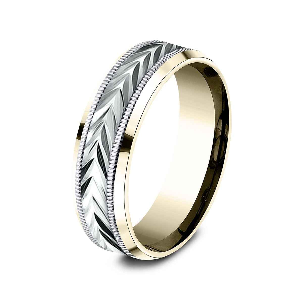 Benchmark Men's 7mm Beveled Edge Carve Wedding Ring in 14K Yellow & White Gold