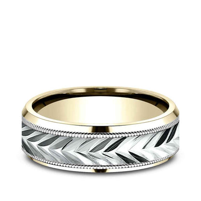 Benchmark Men's 7mm Beveled Edge Carve Wedding Ring in 14K Yellow & White Gold