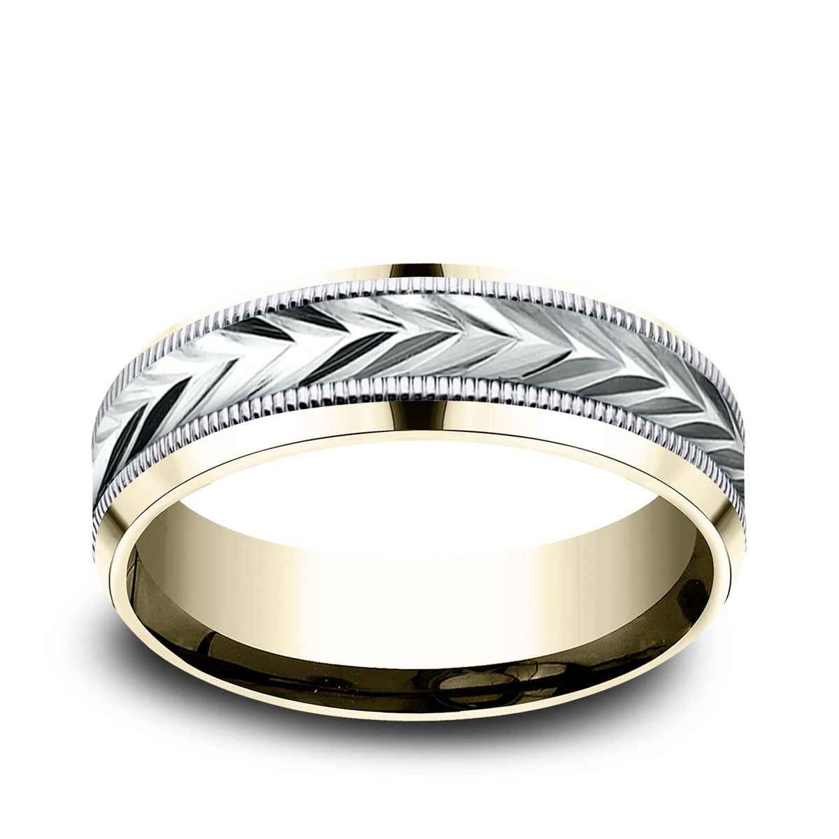 Benchmark Men's 7mm Beveled Edge Carve Wedding Ring in 14K Yellow & White Gold